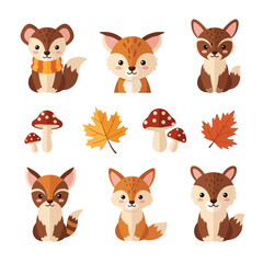 Fototapeta premium Adorable cartoon fox characters amid colorful autumn leaves and charming mushroom illustrations