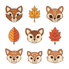 Fototapeta premium Autumnal charm nine whimsical fox faces and colorful leaf icons arrayed symmetrically