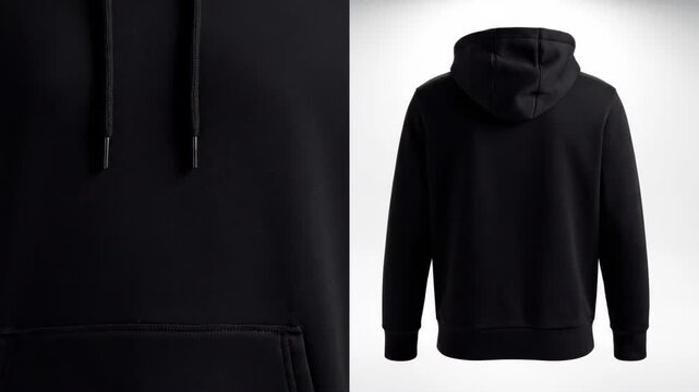 Black hoodie front and back view isolated on white background for apparel mockup