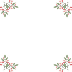 Cute pink berry and green leaf sprig corner illustration simple rustic holiday decoration border element on white background