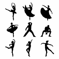 Silhouettes of ballet dancers in various poses and movements, showcasing grace and elegance, isolated on