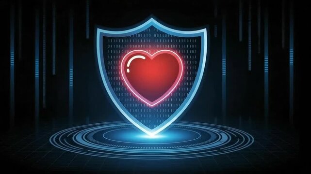 Digital Heart Security: A digitally rendered image, a glowing heart is protected within an illuminated shield, symbolizing the importance of healthcare