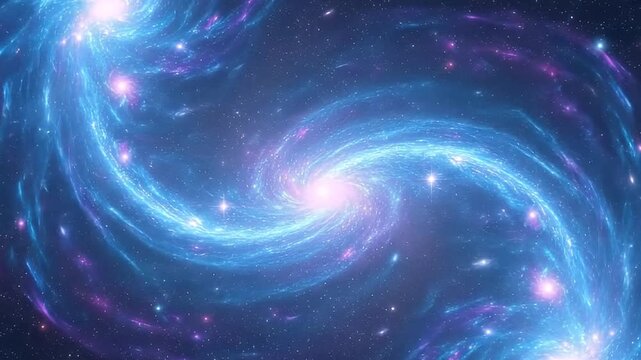 An mesmerizing, abstract visualization of a deep space cosmic phenomenon. This dynamic animation features vibrant blue and purple nebulae swirling gracefully around a central luminous core, surrounded