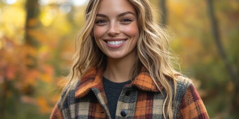 Beautiful smiling woman enjoying stunning autumn colors in forest