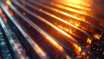 Glowing Metal Bars: Metallic bars radiate warmth and energy as they are illuminated by intense light, creating a dynamic interplay of shadows and highlights.