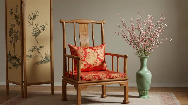 Charming Asian-inspired interior featuring a traditional wooden armchair, a decorative floral vase, and a classic folding screen creating a serene and cozy ambiance.