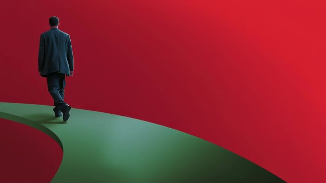 A man in a suit walks confidently along a curved green path set against a striking red background. The atmosphere conveys determination and hope for the future