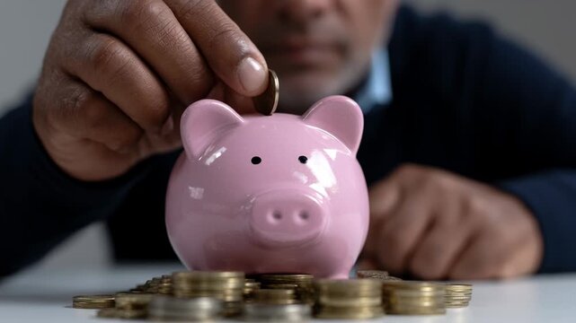 A person adds coins to a pink piggy bank while seated at a table. Coins are scattered around, highlighting an effort to save and manage finances. The atmosphere is focused and determined