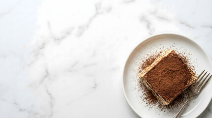 Tiramisu slice on white plate with fork on marble background top view