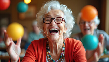 Happy senior woman plays bingo in community. Elderly lady smiles having fun enjoying social activity. Joyful old female with eyeglasses has a good time during retirement.