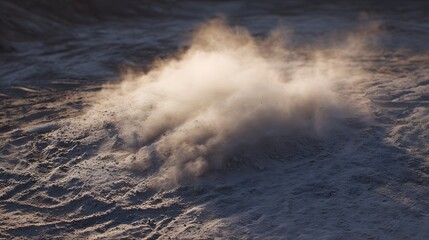 Fototapeta premium A dynamic cloud of airborne dust swirls above a dry textured ground illuminated by the warm glow of the setting sun