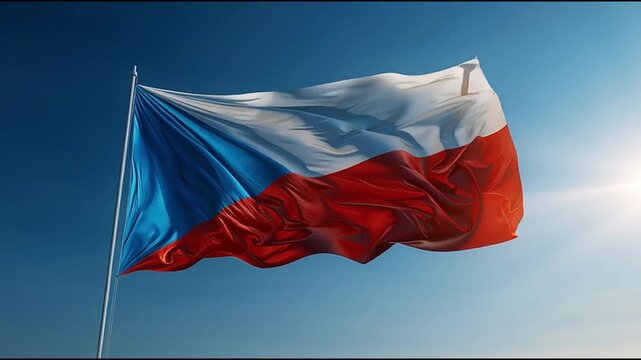Flag of Czechia waiving, blue sky background