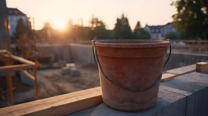 A weathered bucket sits on a concrete structure at a construction site during a warm sunset