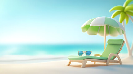 3D rendered illustration of a beach vacation with lounge chairs.