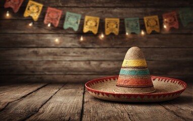 A sombrero rests on a table, accented with festive banners and string lights against a wood backdrop
