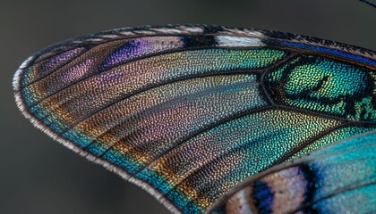 Close-up of iridescent butterfly wing showing detailed scales and vibrant colors