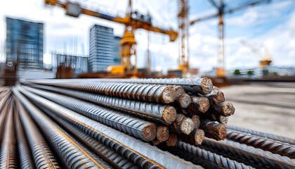 A bundle of steel rebar rods stacked on a construction site with a crane in the background.
