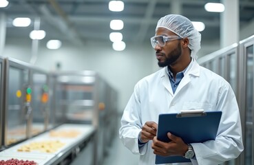 Young man in lab coat oversees food production line. African American quality control expert holding clipboard in factory. Male scientist in white uniform monitors production belt with food products.