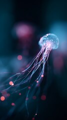A luminous jellyfish drifts gracefully through dark, mysterious waters, with glowing tendrils trailing behind in vivid colors.