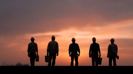 Silhouettes of construction workers standing against a vibrant sunset sky
