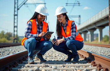 Two women engineers in safety vests, hard hats crouch on railway tracks. They hold tablet computer, walkie-talkie, inspecting track condition. Teamwork in rail infrastructure inspection is evident.