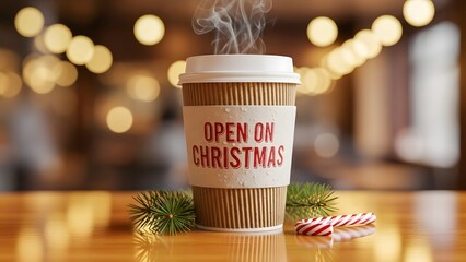 Open on Christmas Sign on Steaming Coffee Cup with Candy Cane