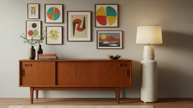 Elegant wooden sideboard in a contemporary living space complemented by vibrant artwork and cozy ambient lighting for a stylish home decor setting.