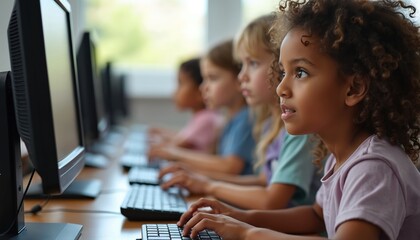 Diverse elementary school children learn computers in classroom. Young girls intently focus on monitors, typing on keyboards. Students engage with tech education, gaining crucial digital skills at