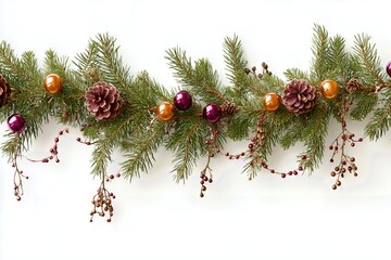 Christmas garland border made of fir branches, pine cones, and deep purple and orange baubles.