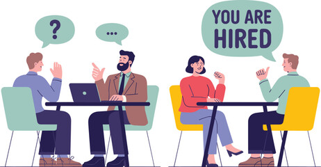 Job Interview and Hiring Success Vector Illustration Set Showing People Discussing and Receiving 