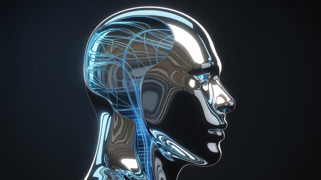Futuristic AI concept, a gleaming chrome human head with glowing blue circuitry, symbolizing technology, innovation, and the future of artificial intelligence