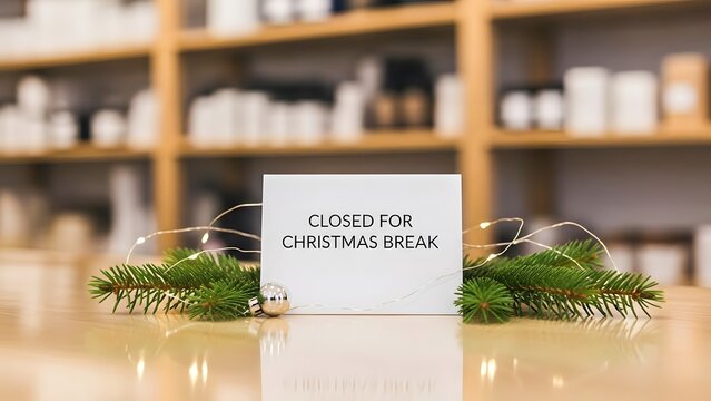 Closed for Christmas Break Sign with Pine Branch and Lights