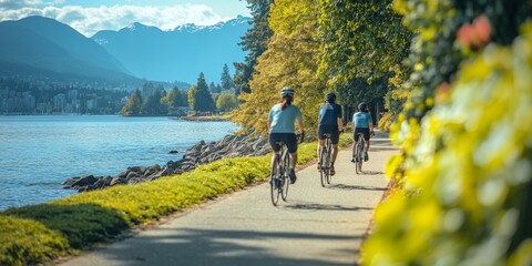 Obraz premium Tourists cycling along stanley park seawall in vancouver, british columbia
