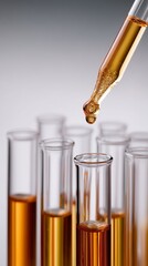 Close-up of a pipette dropping orange liquid into a test tube, symbolizing scientific research and laboratory analysis.