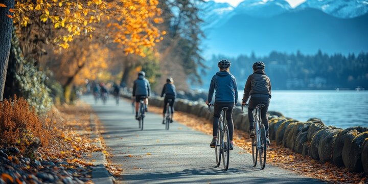 Cyclists enjoying a scenic autumn ride along stanley park seawall in vancouver