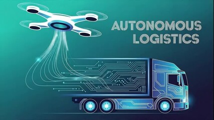 Autonomous Logistics: A futuristic digital depiction of autonomous logistics, featuring a drone delivering goods to a truck, showcasing innovative technology and automation. - Powered by Adobe