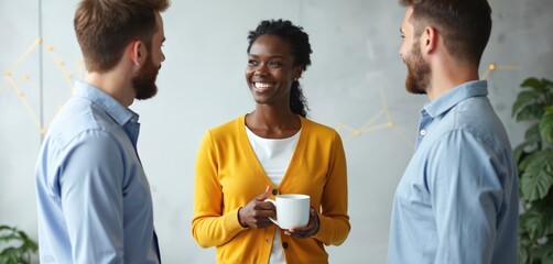Diverse business team casual meeting in modern office space. Colleagues stand, talk, share ideas, enjoy coffee break. African American woman smiles, holds white mug. Discusses project with male