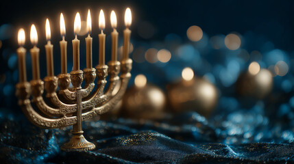luxury hanukkah menorah with glowing candles in elegant interior setting, ornate metal design reflected on polished surface, festive jewish holiday symbol for celebration decor and seasonal greeting