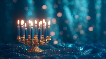 luxury hanukkah menorah with glowing candles in elegant interior setting, ornate metal design reflected on polished surface, festive jewish holiday symbol for celebration decor and seasonal greeting