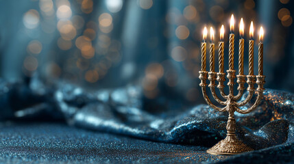 luxury hanukkah menorah with glowing candles in elegant interior setting, ornate metal design reflected on polished surface, festive jewish holiday symbol for celebration decor and seasonal greeting