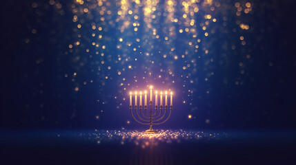 luxury hanukkah menorah with glowing candles in elegant interior setting, ornate metal design reflected on polished surface, festive jewish holiday symbol for celebration decor and seasonal greeting