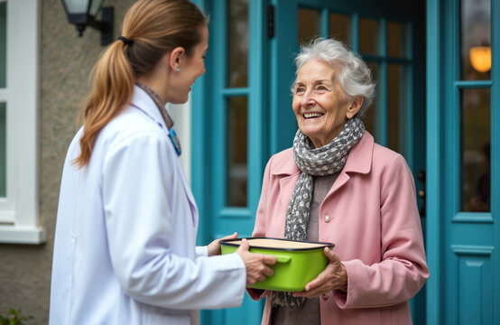 Young volunteer delivers fresh hot meal to happy elderly woman at home doorstep. Senior citizen receives food box from kind helper, thankful for home care, community support service. Aged lady