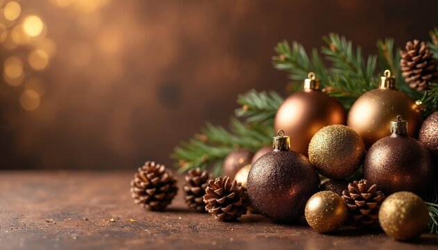 Christmas ornaments and pine cones rest on a textured surface near evergreen branches. Warm golden lights create a festive holiday atmosphere for seasonal celebrations.