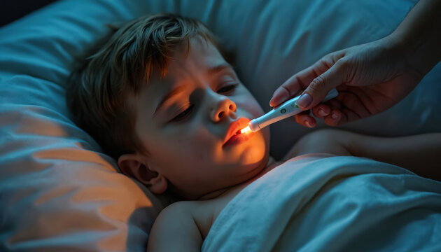 Young boy lies in bed appearing unwell. Mother checks child temperature using a digital thermometer. Caring parent measures fever of sick son at home. Healthcare concept of childhood sickness.