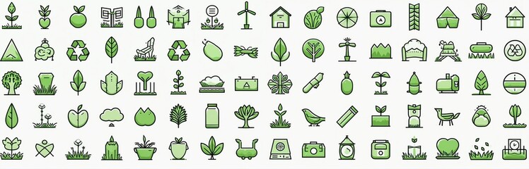 Collection of green icons for ecology nature and sustainability. Includes plants recycling renewable energy wind power and wildlife symbols. Use for eco friendly concepts.