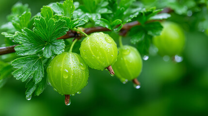 close-up of fresh green gooseberries with water droplets on leaves, perfect for organic food blogs, gardening magazines, nature-inspired backgrounds, eco product packaging and herbal health-themed