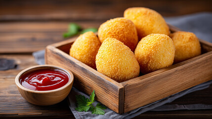 Brazilian coxinha balls served with ketchup in rustic wooden tray, ideal for food blog posts, restaurant menus, culinary advertisements, snack packaging design, and social media visuals	
