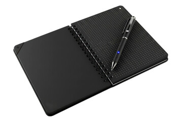 Open black notebook with dotted pages and generic stylus pen isolated on a transparent background