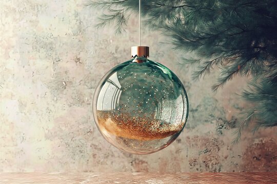 Hanging transparent Christmas bauble filled with sand and snow, reflecting a grunge wall and pine branch.