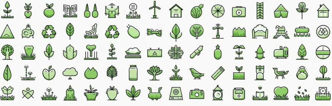 Collection of green icons for ecology nature and sustainability. Includes plants recycling renewable energy wind power and wildlife symbols. Use for eco friendly concepts.